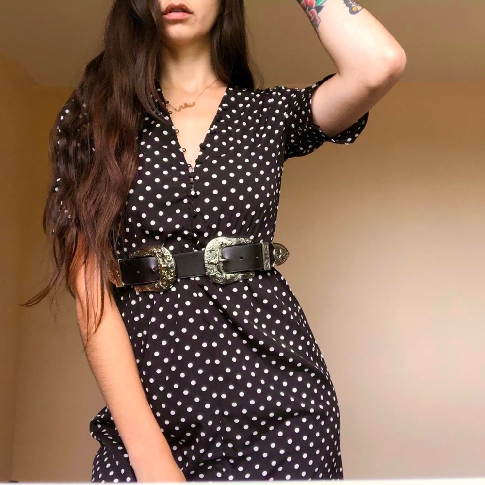 Reformation inspired button polkadot dress midi